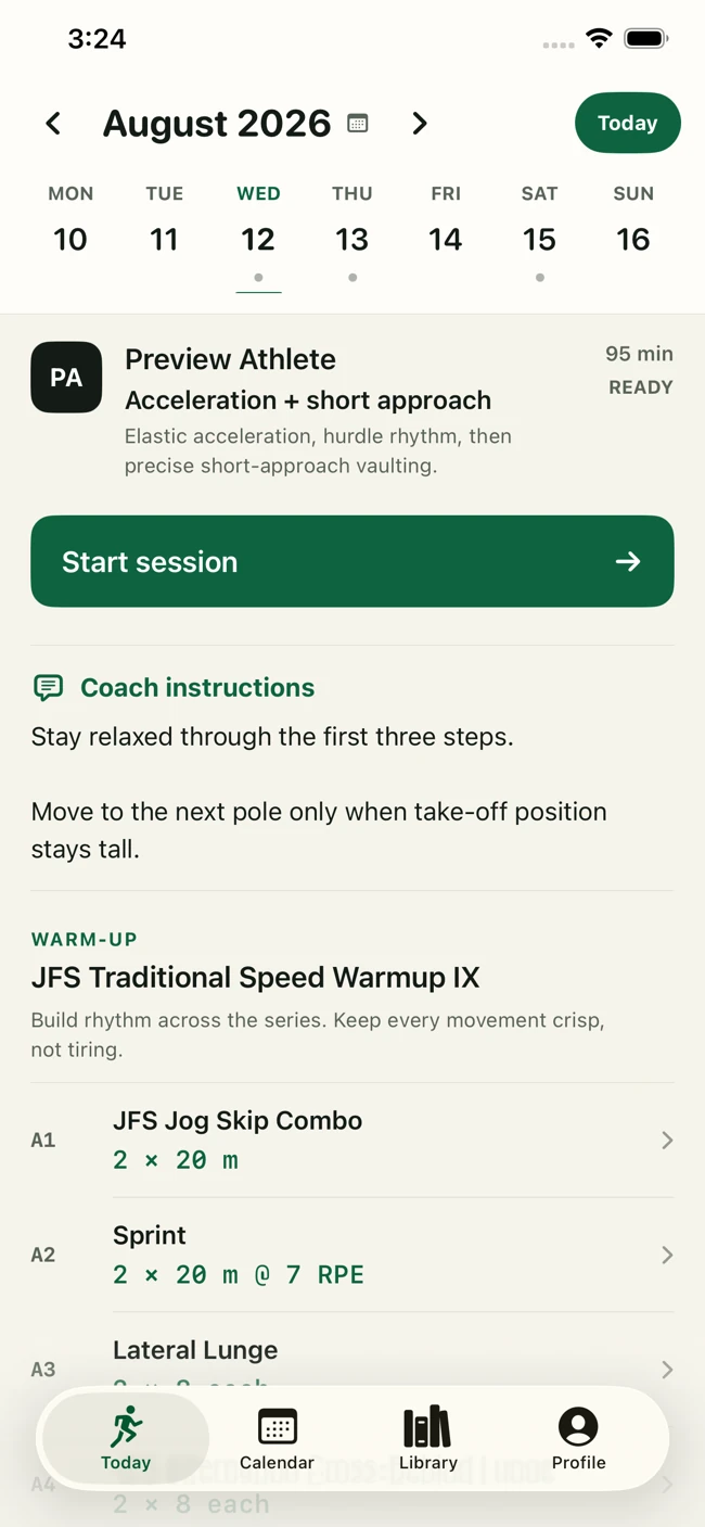 Training OS app demonstration: daily session and coach instructions